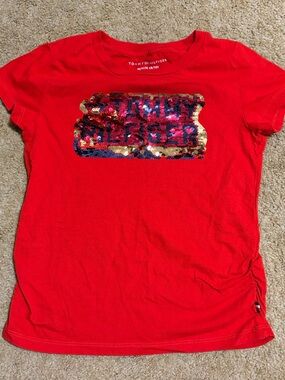 Tommy Hilfiger Red Short Sleeve Tee with Gold & Navy Sequin Logo